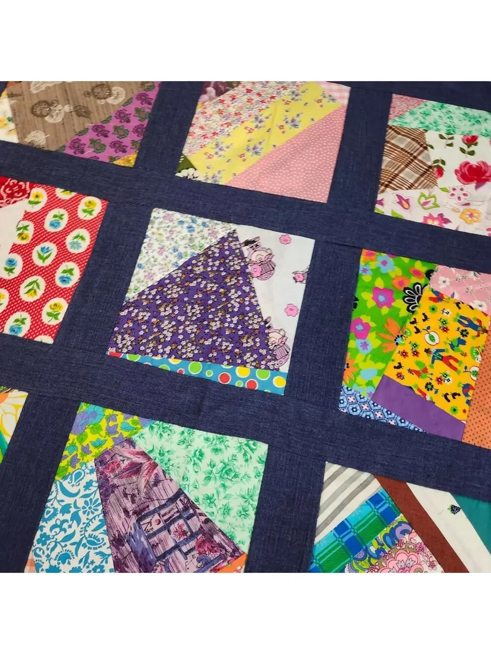 Colorful Handmade Patchwork Quilt Top PROJECT Finish Denim Borders 86x78 inches